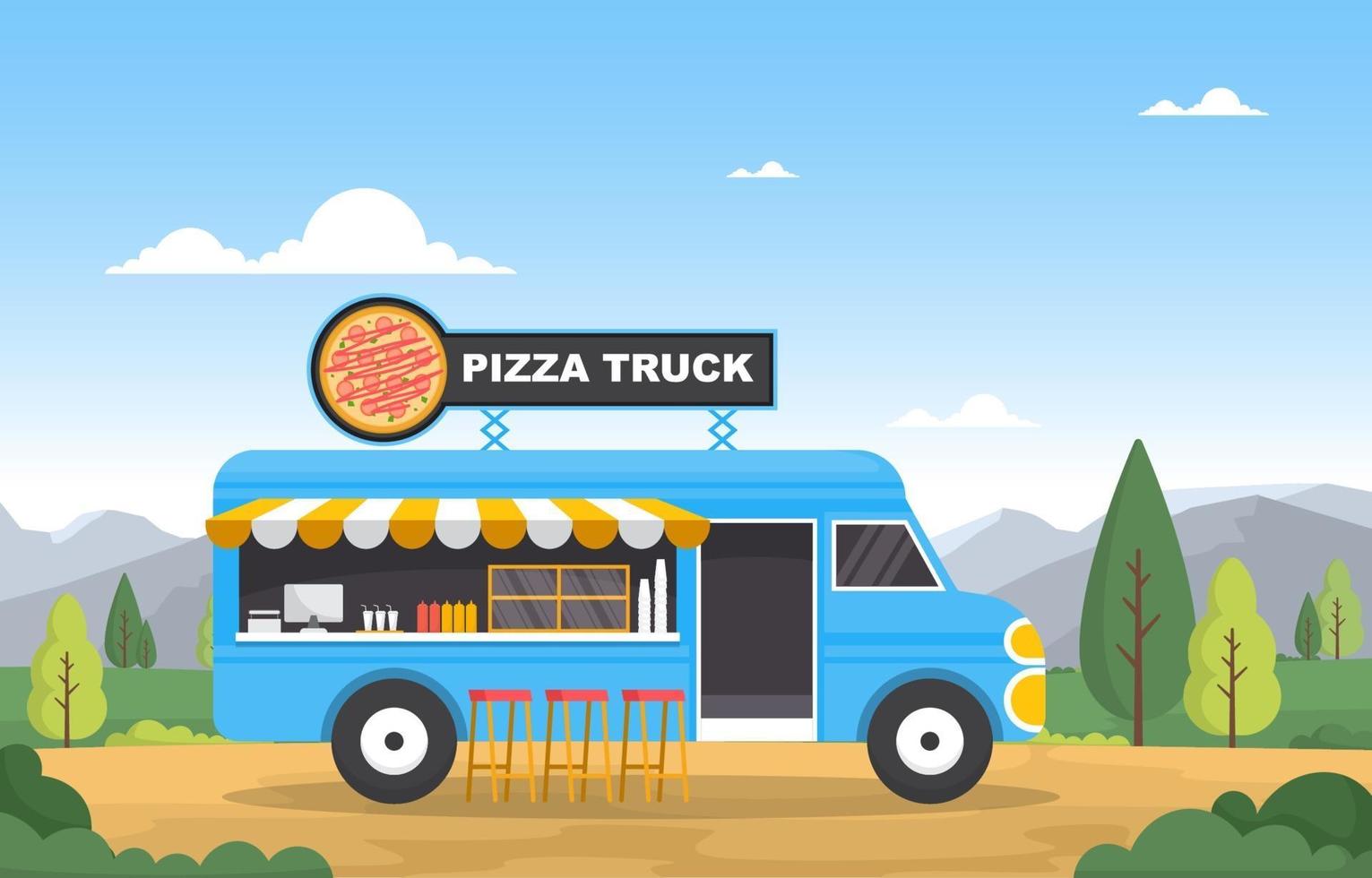 camion di cibo che vende pizza nel parco vettore