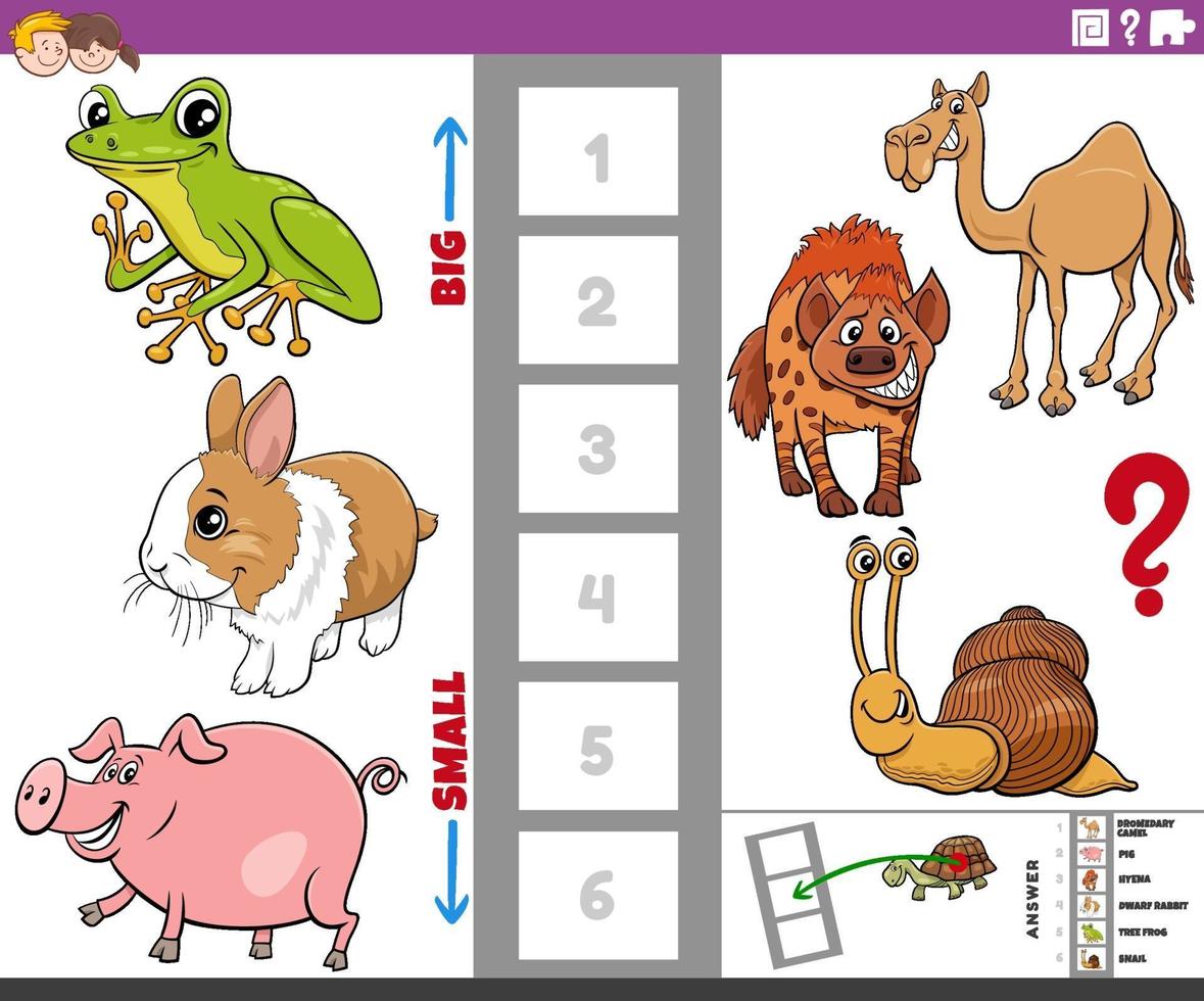 gioco educativo con animali dei cartoni animati grandi e piccoli per bambini vettore