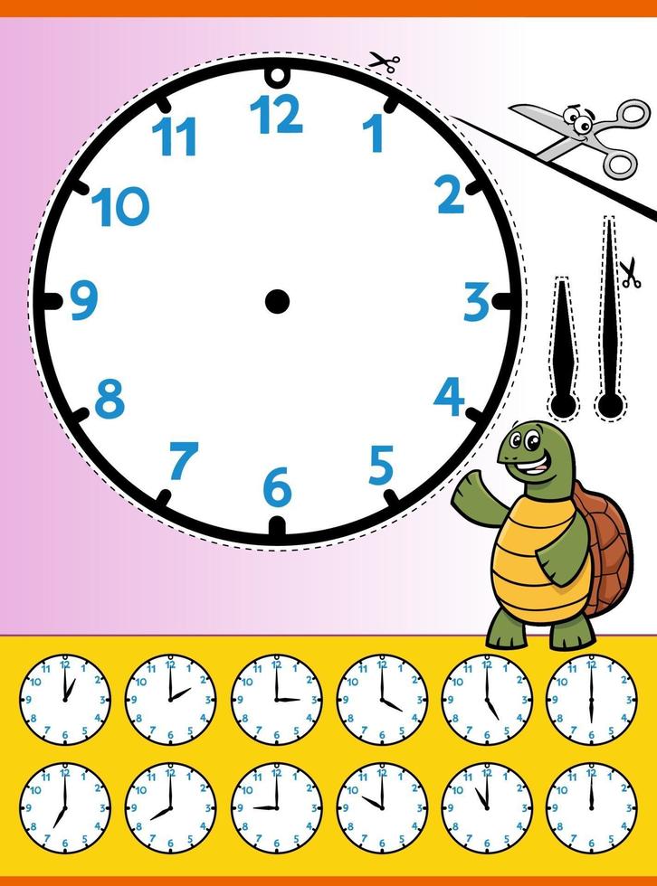 foglio di lavoro educativo del fumetto del quadrante dell'orologio per i bambini vettore