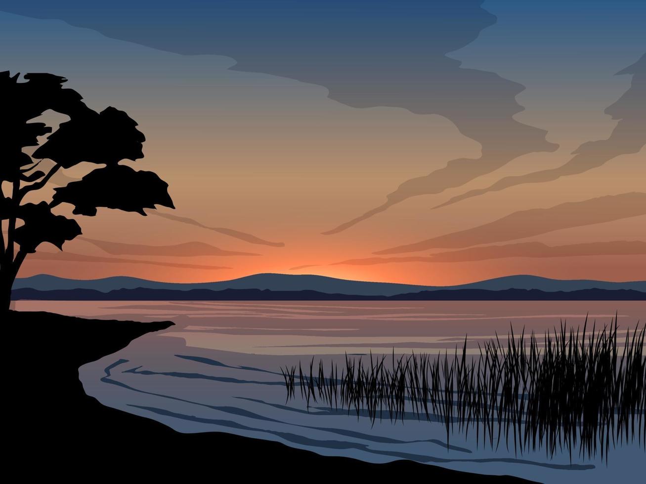 tranquillo tramonto sul lago con silhouette albero vettore