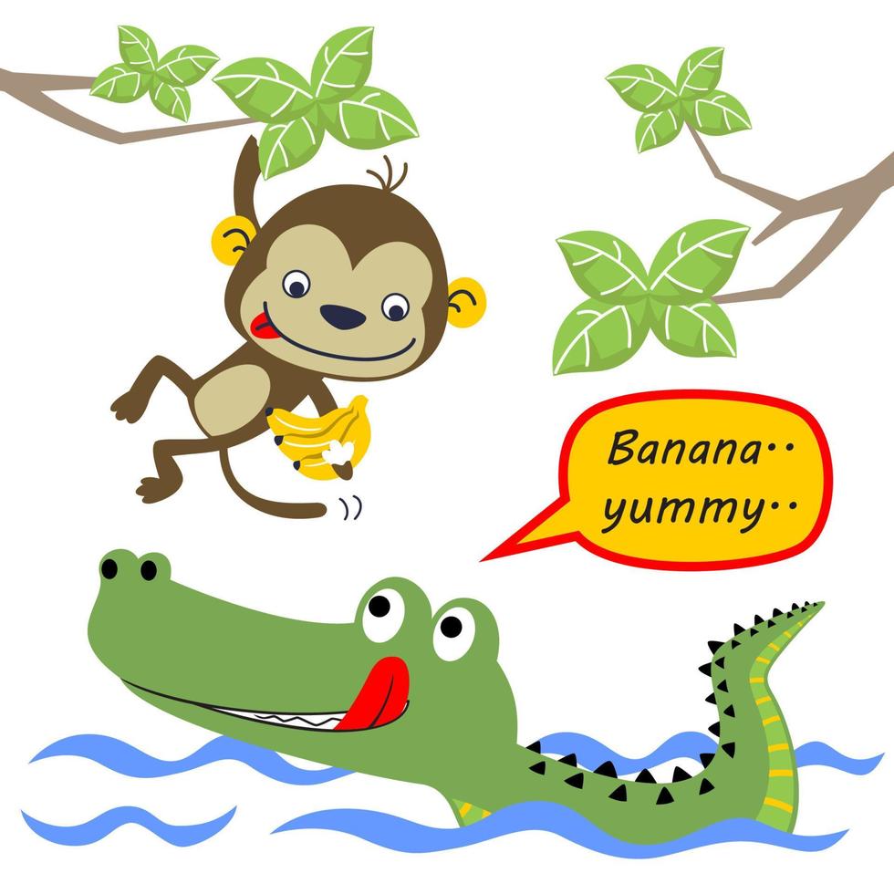 divertente coccodrillo nel fiume, carino scimmia sospeso su albero rami trasporto Banana, vettore cartone animato illustrazione