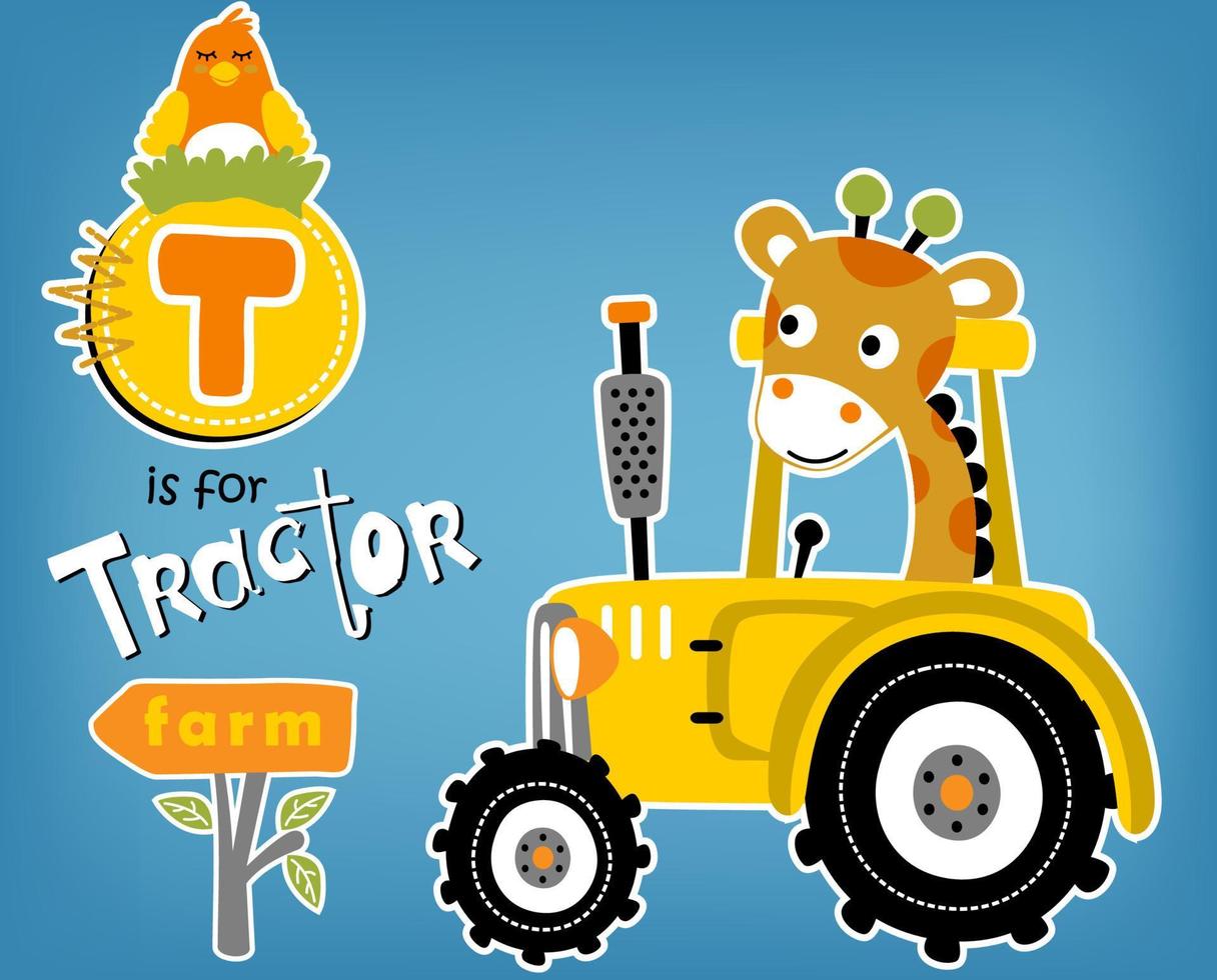 carino giraffa su trattore con divertente pollo posa uova, vettore cartone animato illustrazione
