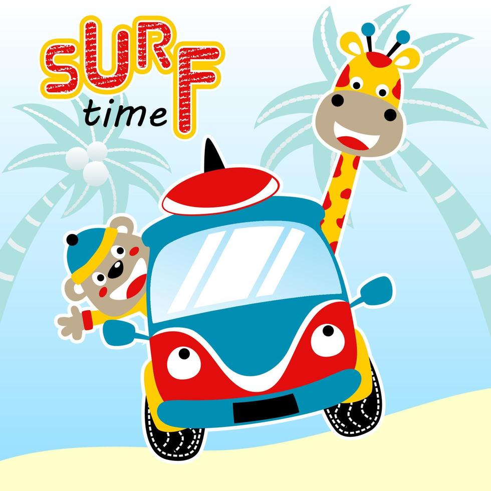 carino giraffa con orso su divertente auto trasporto tavola da surf su palma albero sfondo, vettore cartone animato illustrazione