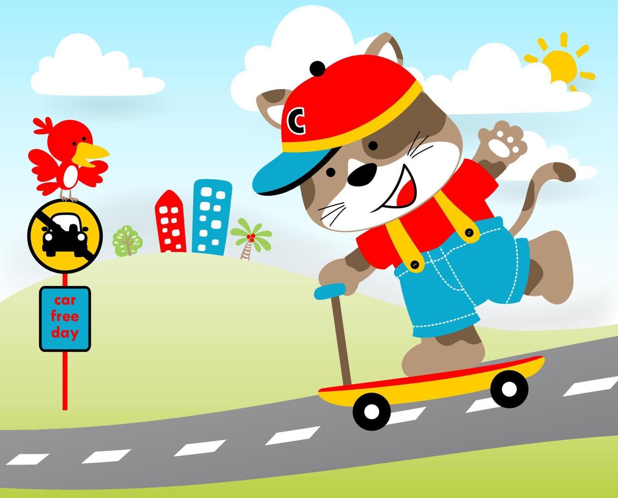 carino gattino equitazione scooter nel città strada, poco uccello su strada cartello, vettore cartone animato illustrazione