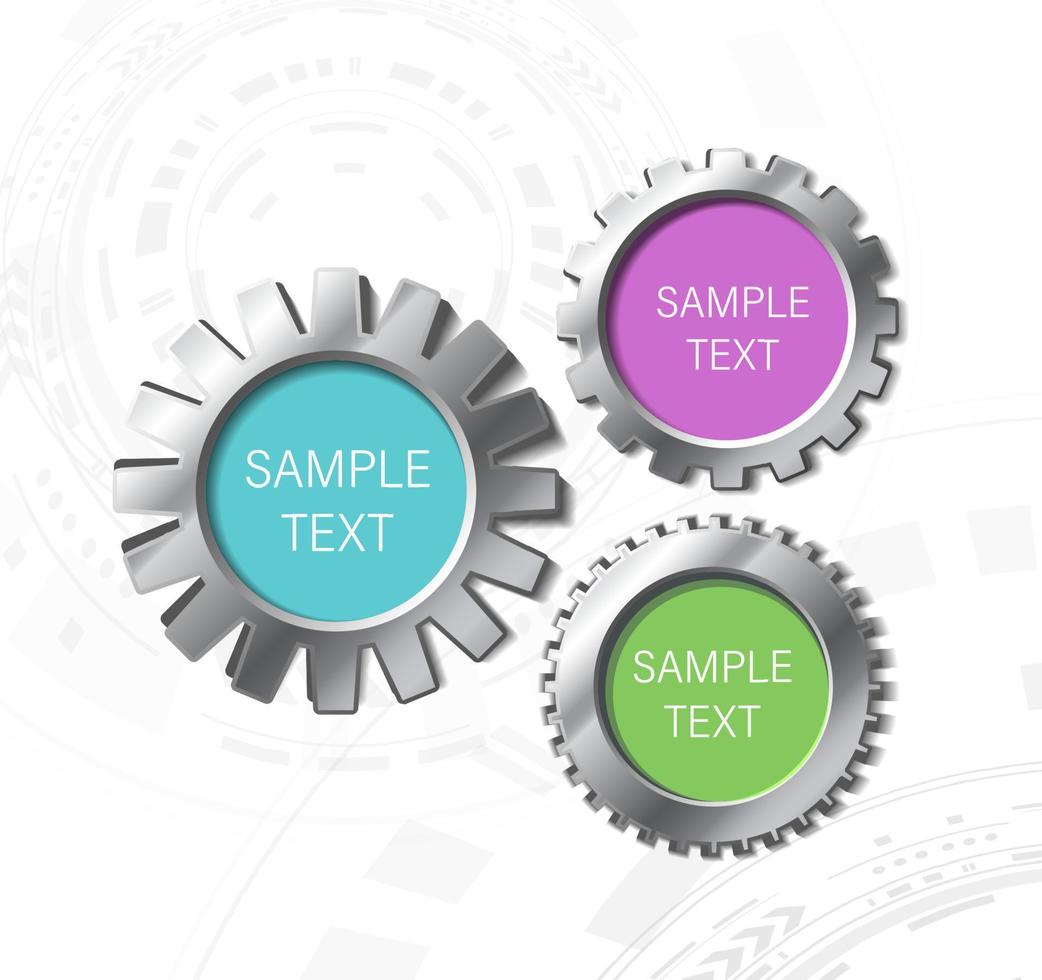 colorato metallo Ingranaggio ruote Infografica pulsanti, squadra opera, 3d realistico vettore icona illustrazione. su Tech sfondo.