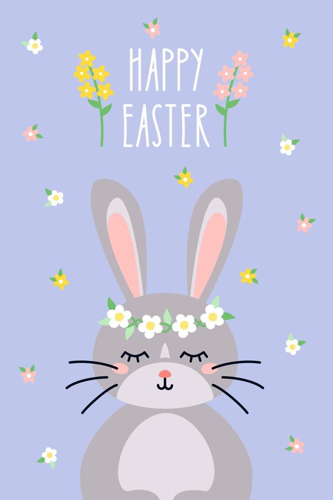 contento Pasqua saluto carta manifesto con carino coniglietto e primavera fiori nel piatto stile. vettore illustrazione