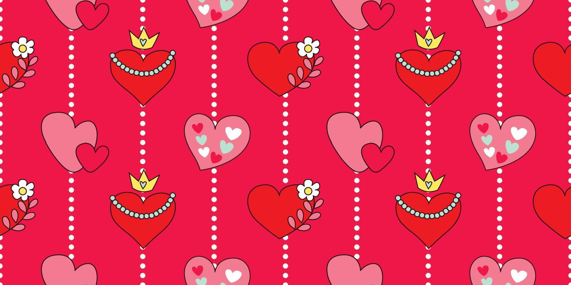 bellissimo modello corona cuore scarabocchio. Regina di cuore. cartone animato incoronato e Regina. paio di cuori. rosso e rosa modello per amore e San Valentino giorno.il senza soluzione di continuità carino modello design. vettore