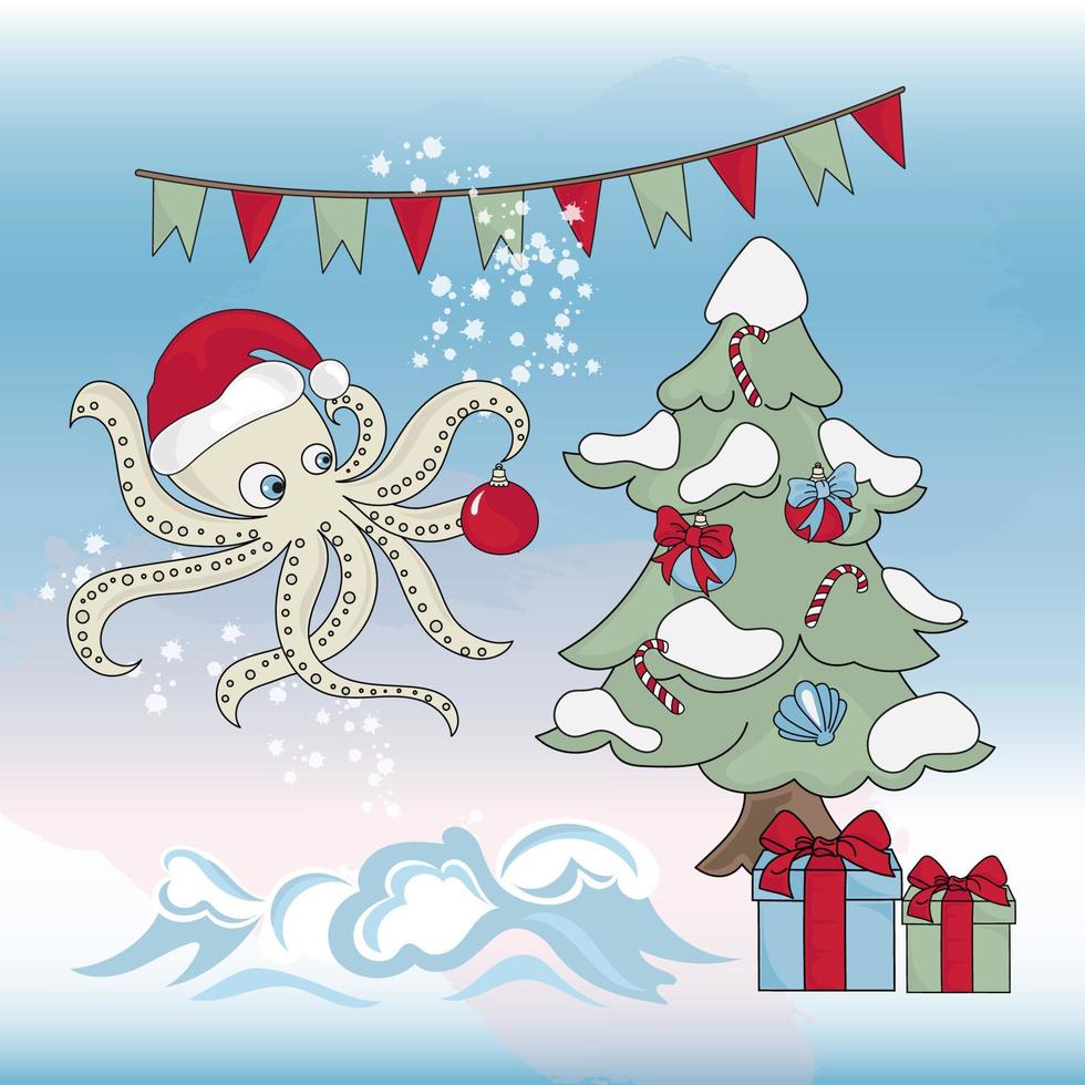 polpo Natale albero subacqueo vettore illustrazione impostato