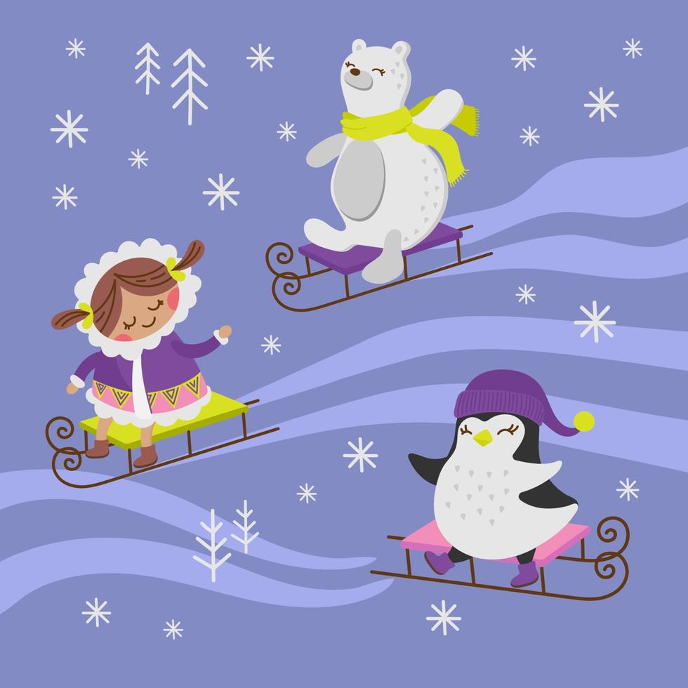 pinguino slitta piatto design inverno vacanza vettore illustrazione