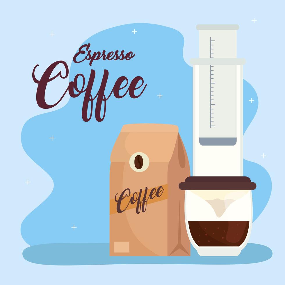 caffè espresso, metodo aeropress e bustina di caffè vettore