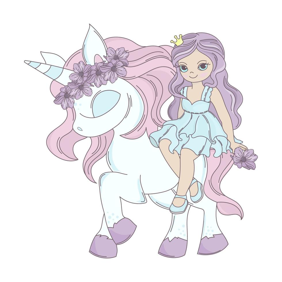 unicorno amico di Principessa ragazza cartone animato vettore illustrazione impostato