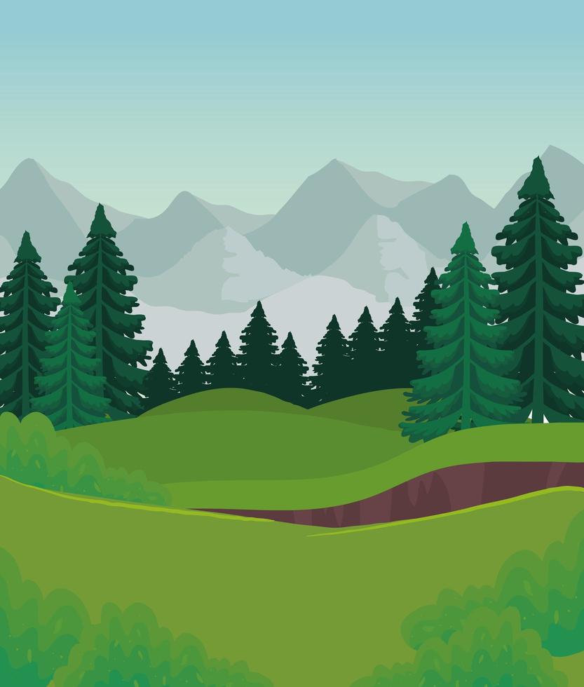 paesaggio con alberi di pino e montagne disegno vettoriale