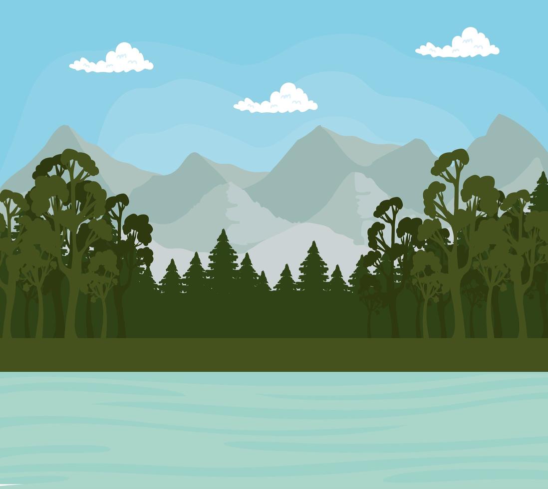 paesaggio con alberi di pino e mare di fronte al disegno vettoriale di montagne