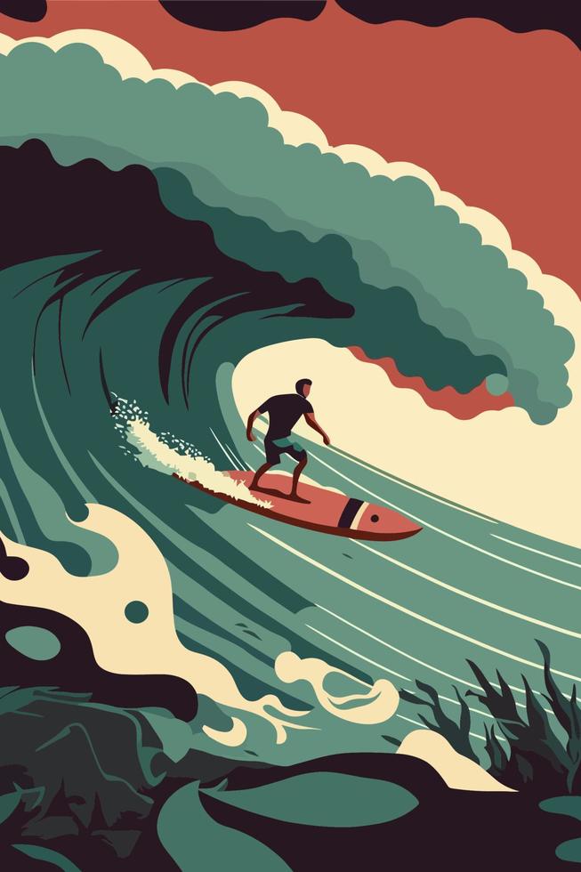 uomo surfer fare surf su grande onda nel bellissimo oceano spiaggia vettore