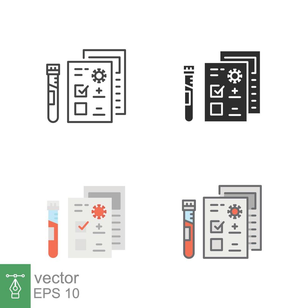 covid test icone nel diverso stile. positivo corona virus risultato, negativo, rapido, plasma, ricerca, medico concetto. progettato nel pieno schema, linea, piatto, glifo e solido stile. eps 10. vettore