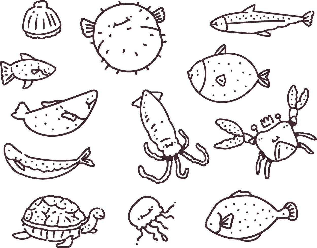 set di diversi pesci di mare. disegno a mano pesce di mare doodle illustrazione vettoriale