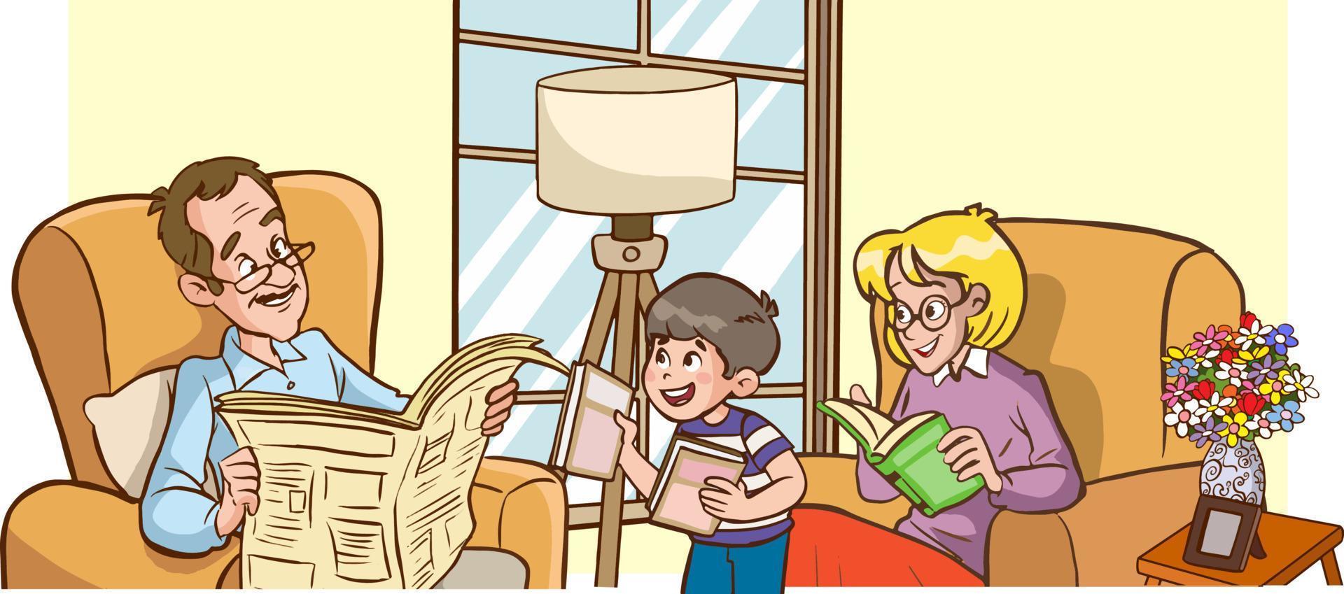 famiglia disegno.donna lettura libro e bambini studiando cartone animato vettore