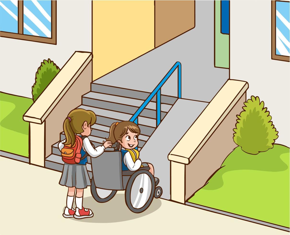 utile bambino trasporto sua amico nel un' sedia a rotelle, esemplare comportamentale formazione cartone animato vettore