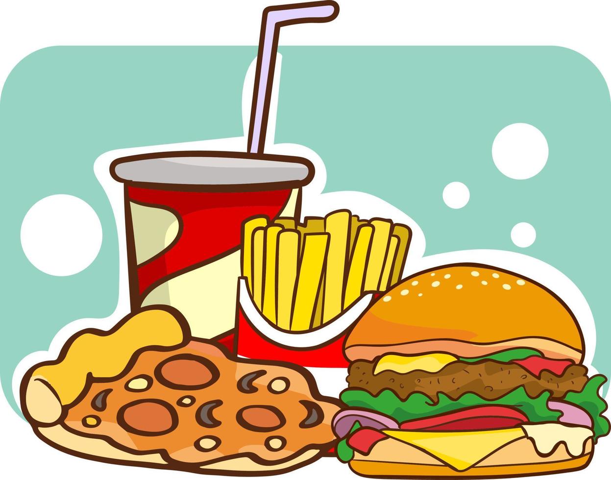 veloce cibo pasto impostato con classico americano formaggio hamburger insieme a, fritte francese patatine fritte e morbido bevanda tazza. vettore illustrazione isolato su bianca sfondo