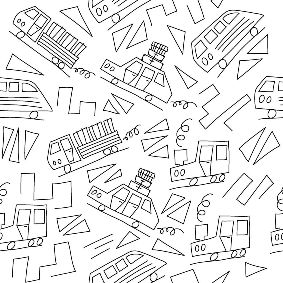 doodle sfondo di automobili monoline. seamless baby boy pattern nel vettore. texture per carta da parati, riempimenti, sfondo della pagina web vettore