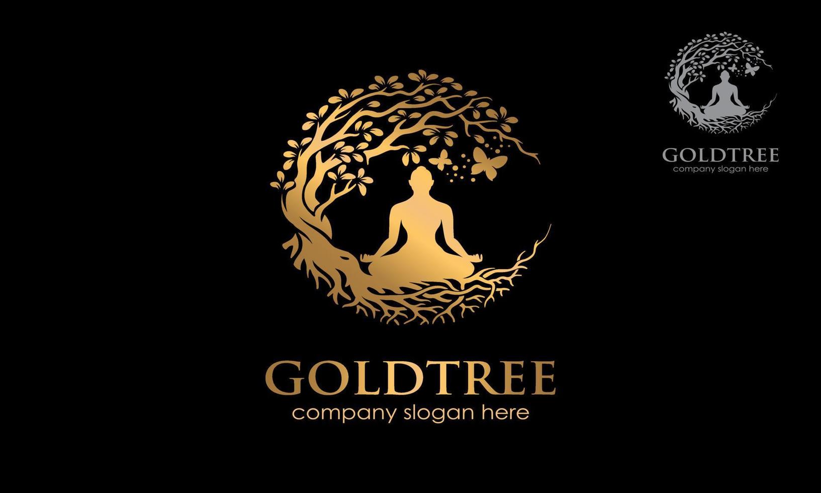 oro albero vettore logo modello. eccezionale logo modello quello combinare silhouette umano, farfalla con oro le foglie quello si intende salutare vita, Perfetto per Salute azienda, terapia, guarigione attivista, eccetera.