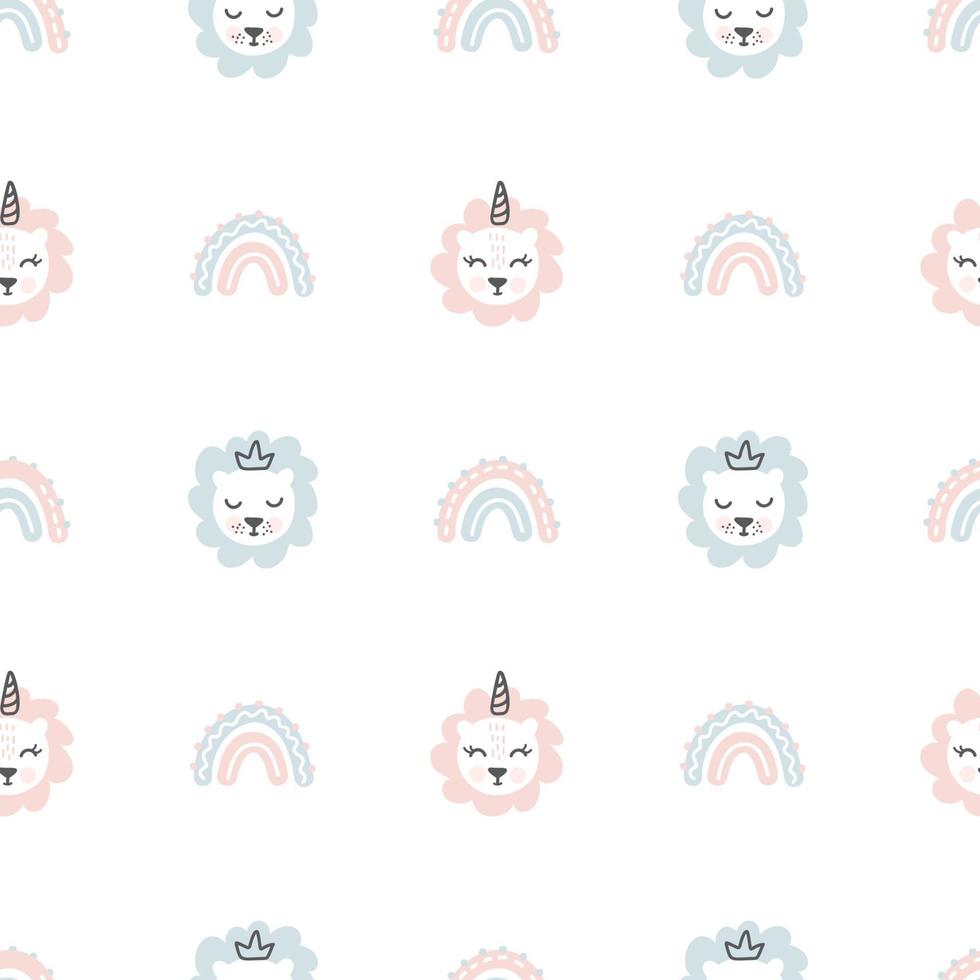 carino lion unicorn seamless pattern design vettoriali. stile di disegno per bambini. stile scandinavo infantile. arcobaleno nordico design bambino. illustrazione colorata disegnata a mano vettore