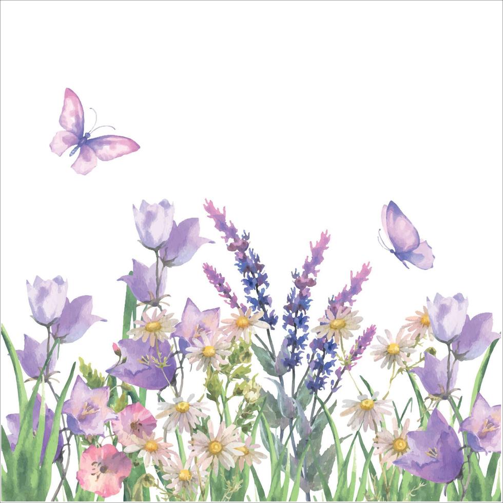 acquerello vettore composizione, confine con erbe aromatiche e selvaggio fiori, foglie, farfalle.