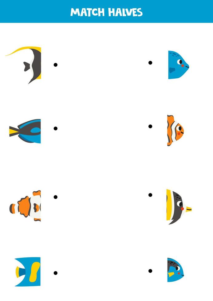 incontro parti di cartone animato carino mare pesce. logico gioco per bambini. vettore