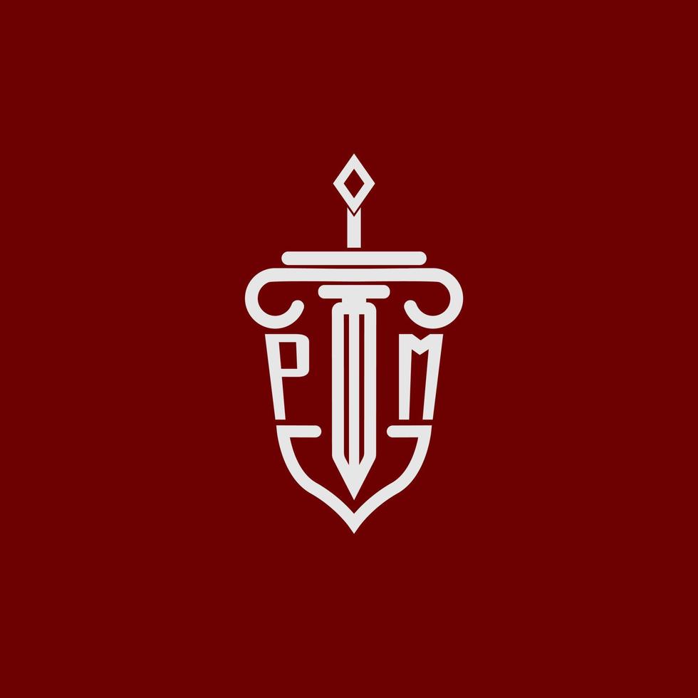 pm iniziale logo monogramma design per legale avvocato vettore Immagine con spada e scudo