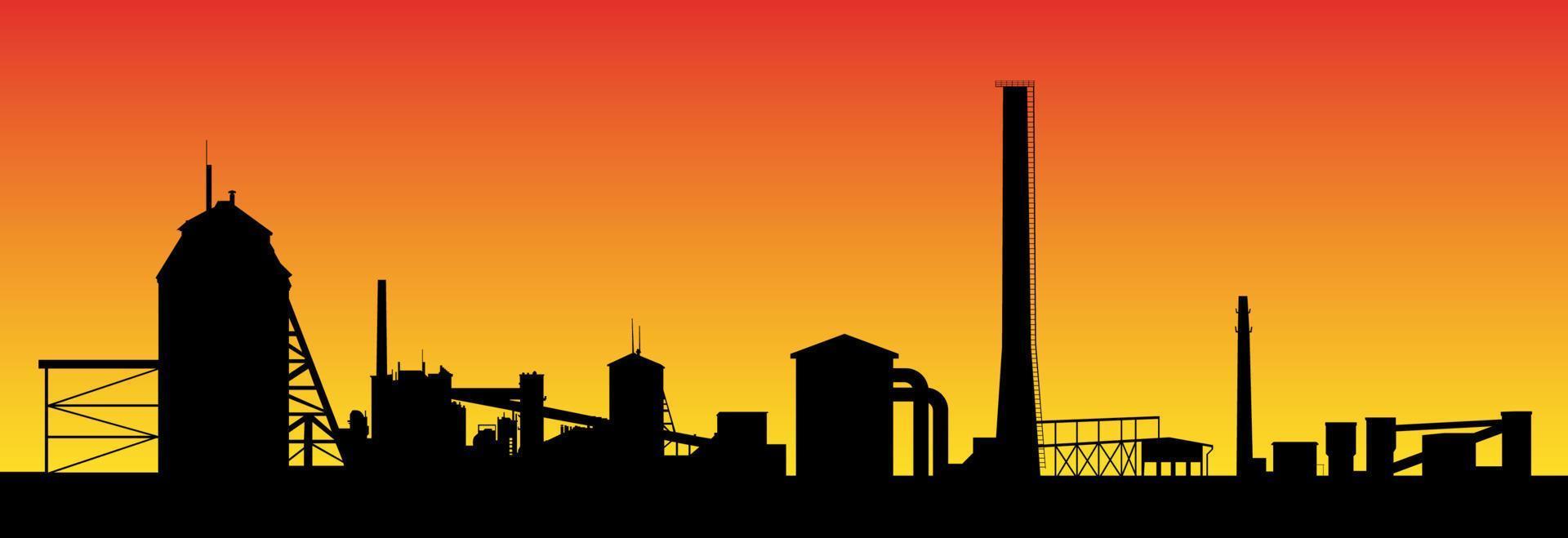 olio roccia scistosa in lavorazione pianta silhouette su sfondo di tramonto. lungo fabbrica linea con tecnico edifici e alto camini. vettore