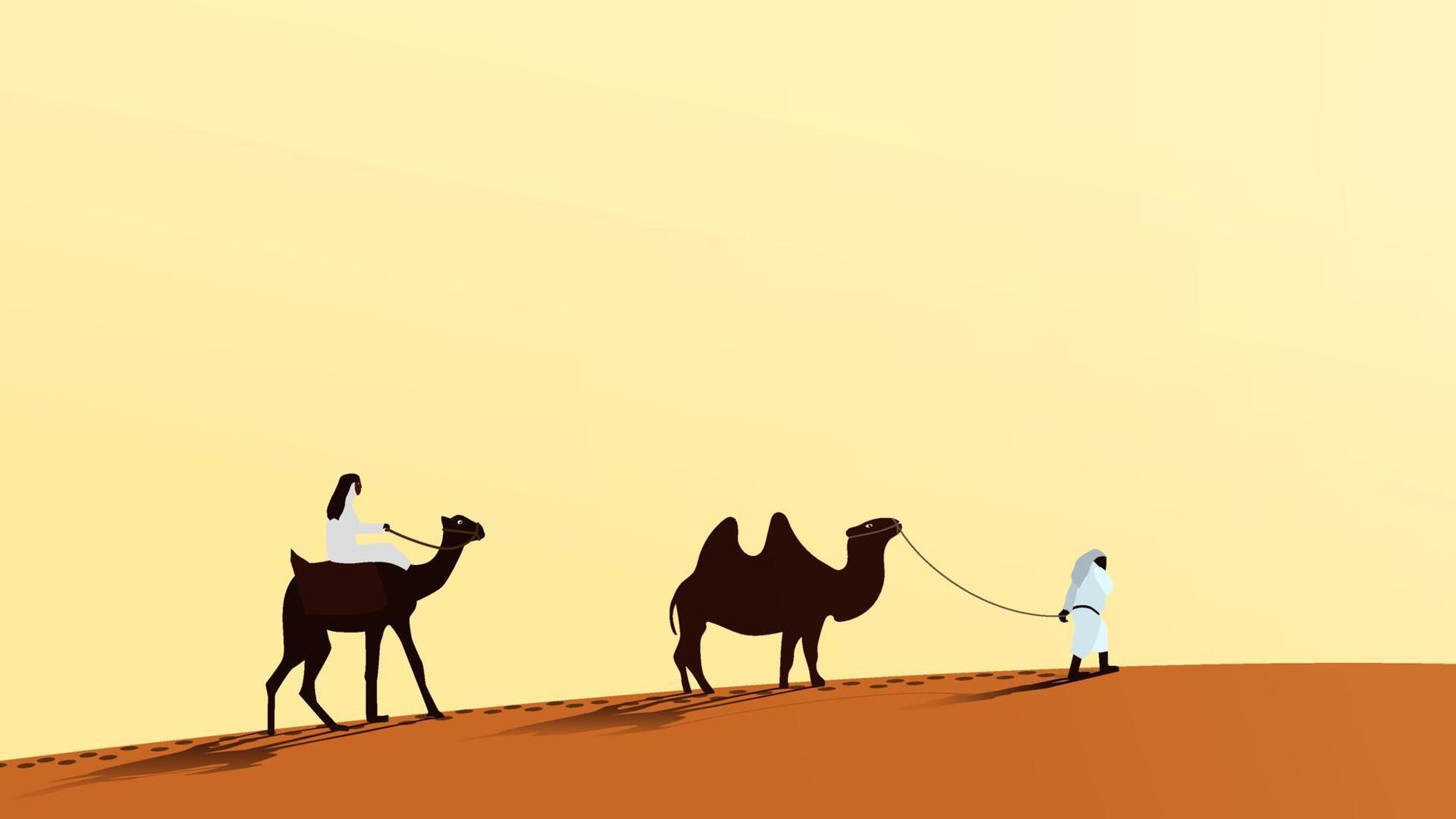 un' caravan di cammelli con persone a piedi lungo il deserto sabbia. un' uomo cavalcate un' cammello. il secondo persona conduce il cammello al di sopra di il guinzaglio. vettore eps10.