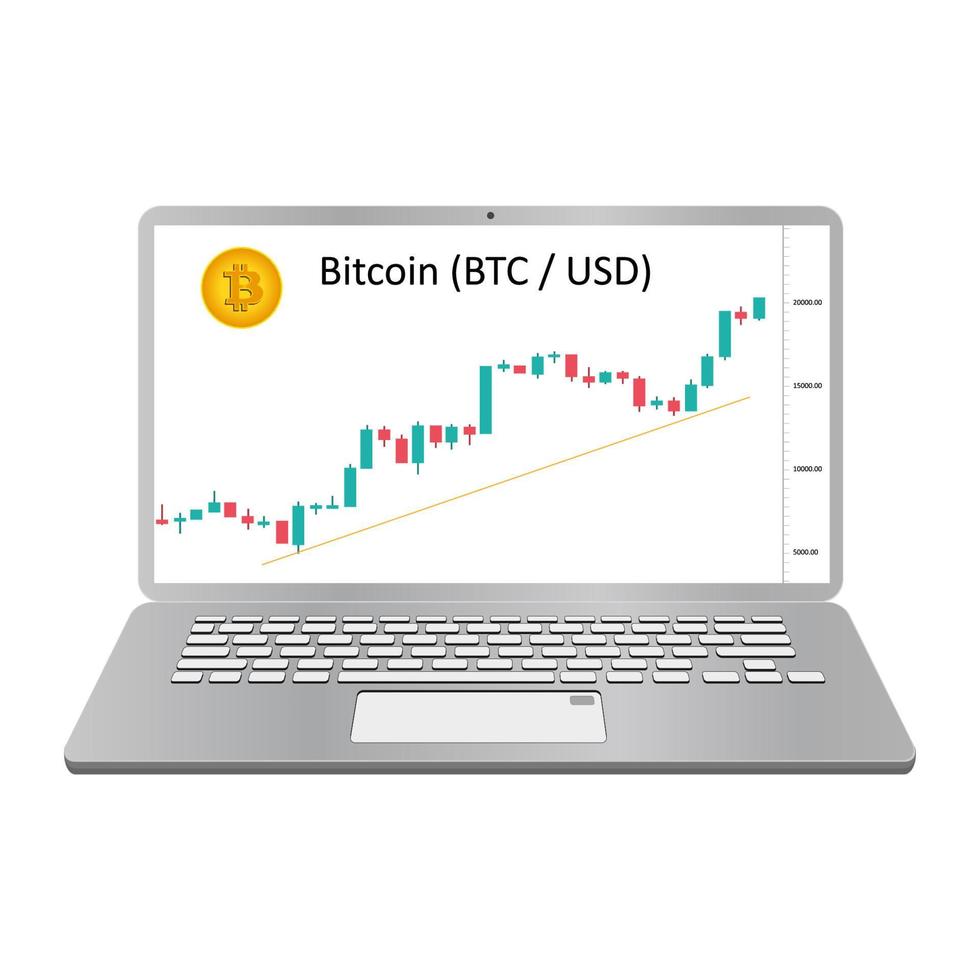 il computer portatile con bitcoin prezzo grafico su il schermo isolato su bianca. un' computer con un' sistema per commercio criptovaluta. davanti Visualizza. vettore eps10.