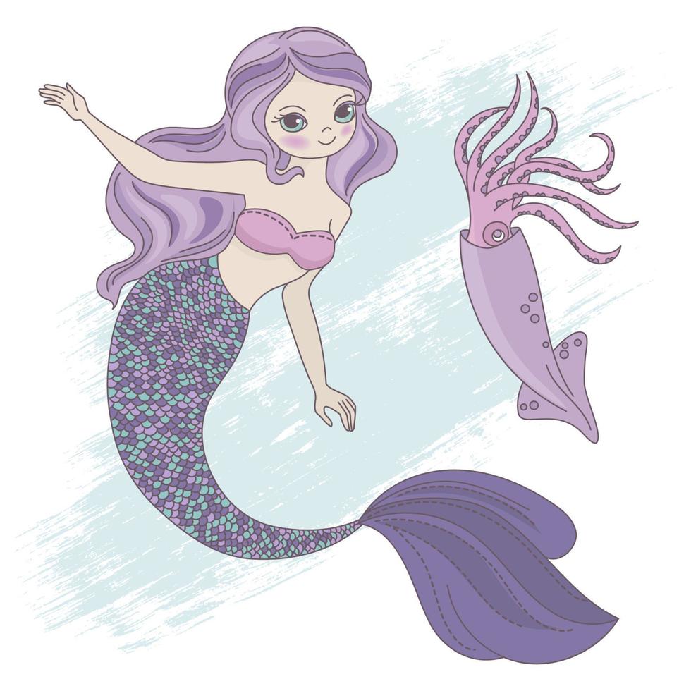 calamaro sirena Principessa ragazza mare animale vettore illustrazione impostato