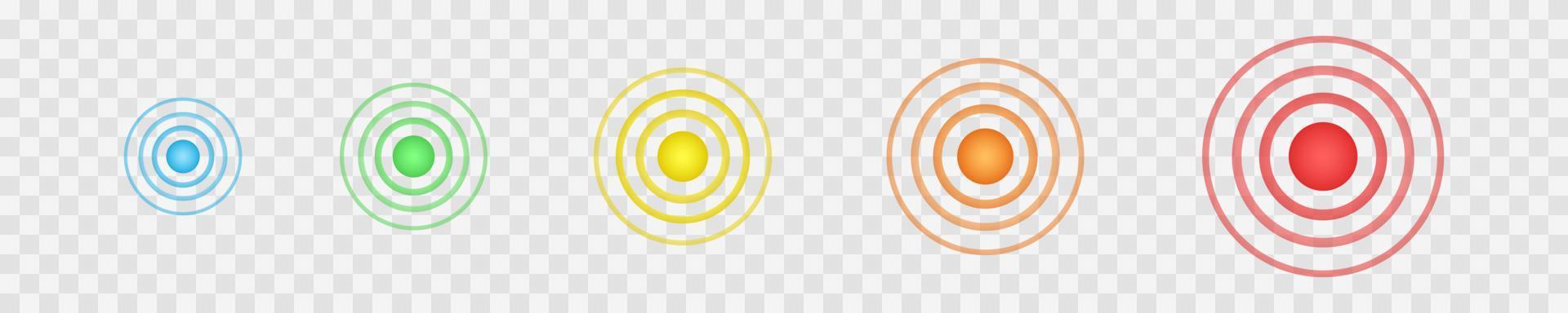 multicolore concentrico punti. simboli di scopo, obbiettivo, dolore, guarigione, male, antidolorifico. il giro localizzazione icone. radar, suono o sonar onda segni vettore