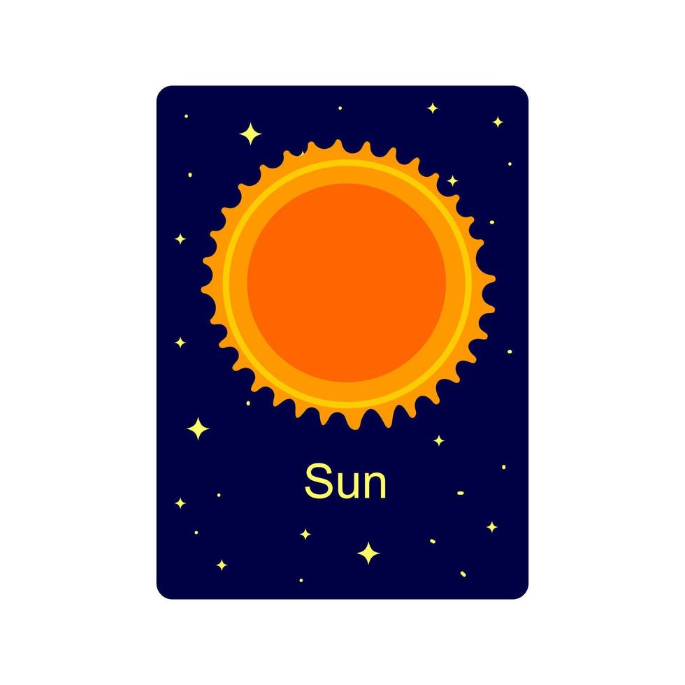 flashcard per bambini con sole su buio stellato sfondo. educativo volantino per scuole e asili nido per spazio scienza apprendimento vettore