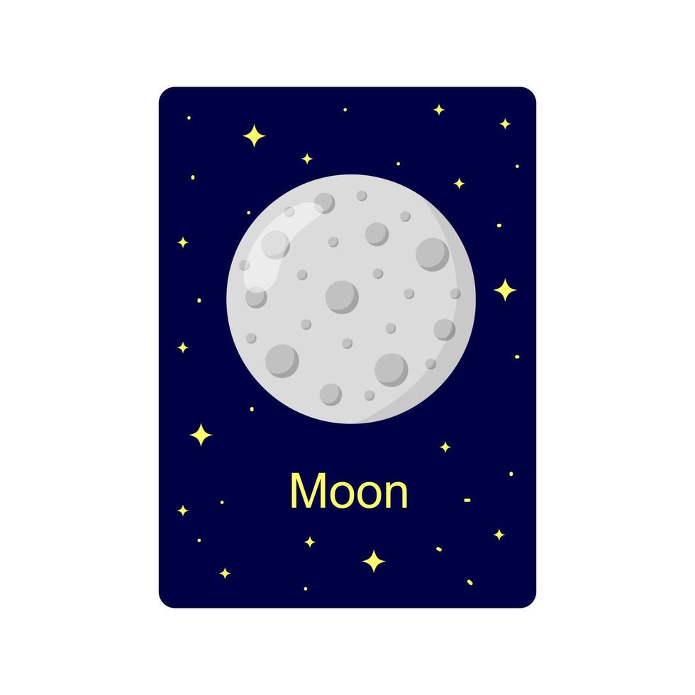 flashcard per bambini con Luna, terra satellitare, su buio stellato sfondo. educativo Materiale per scuole e asili nido per spazio scienza apprendimento vettore