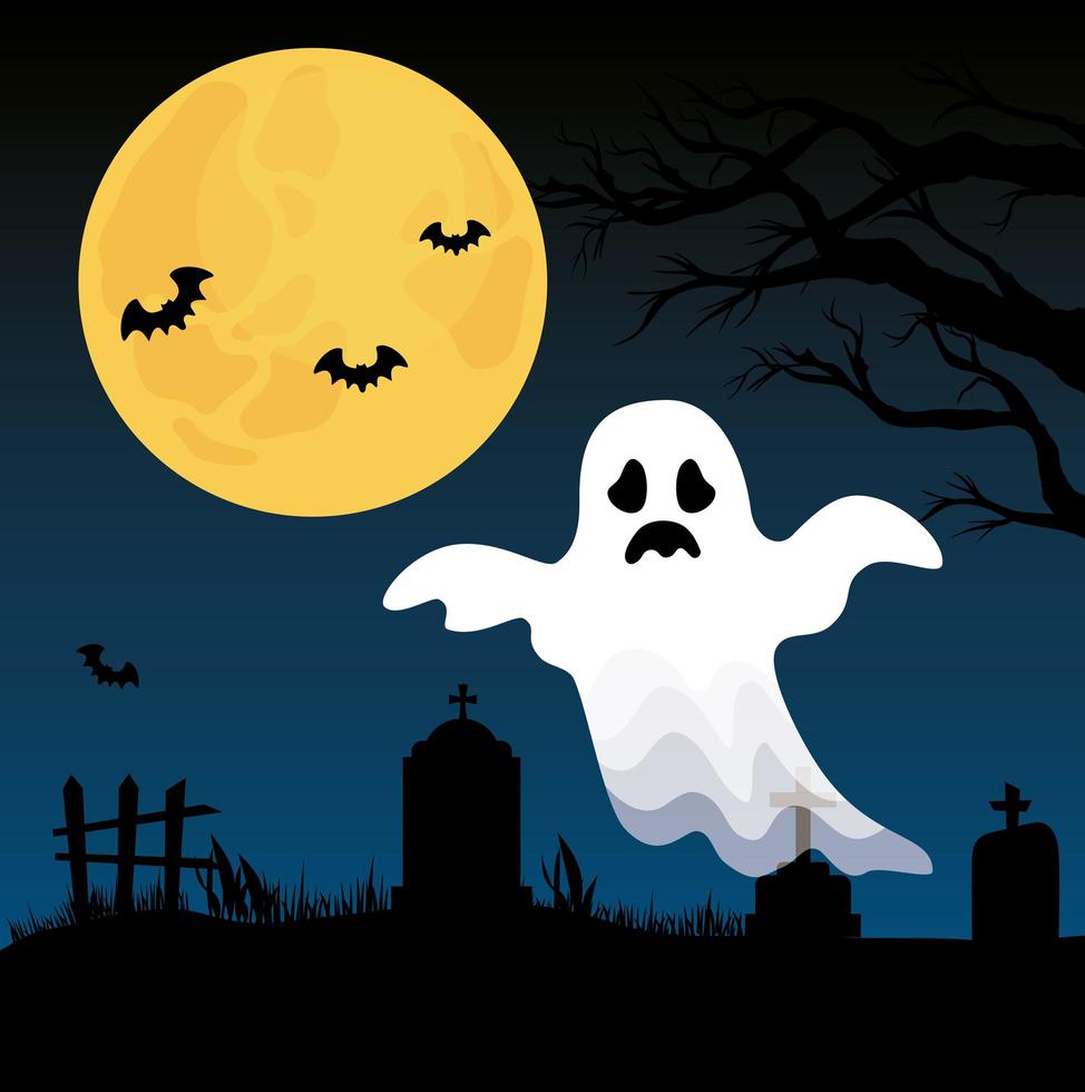 banner di halloween felice con fantasma al cimitero vettore