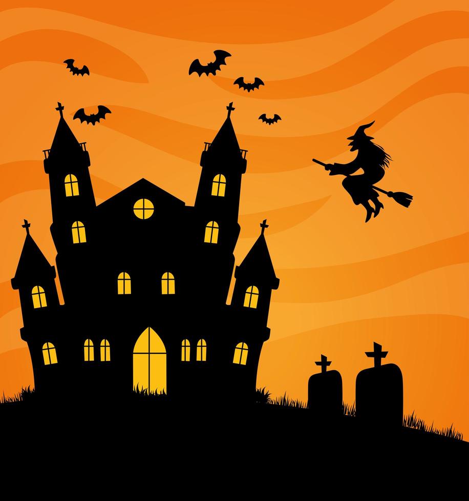 banner di halloween felice con casa stregata, pipistrelli e streghe volanti vettore