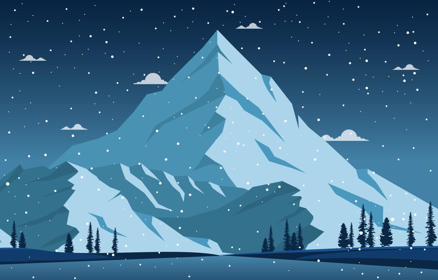 paesaggio invernale innevato con alberi, montagne e nevicate vettore