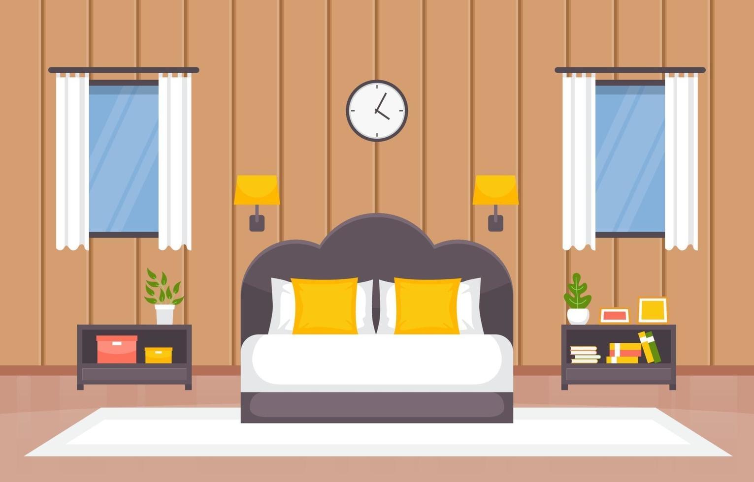interno accogliente camera da letto con letto matrimoniale, lampade e mensole vettore