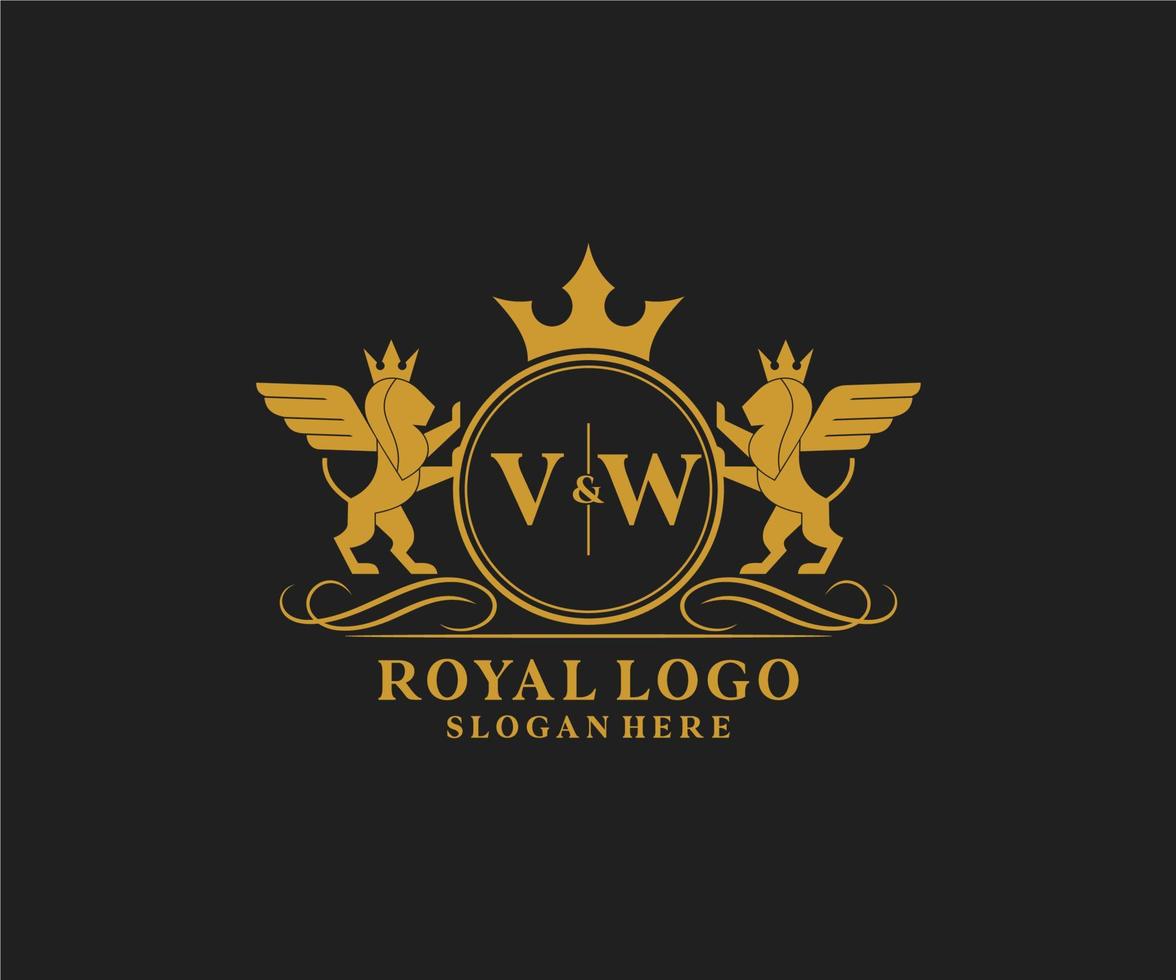 iniziale vw lettera Leone reale lusso stemma araldico logo modello nel vettore arte per ristorante, regalità, boutique, bar, Hotel, araldico, gioielleria, moda e altro vettore illustrazione.