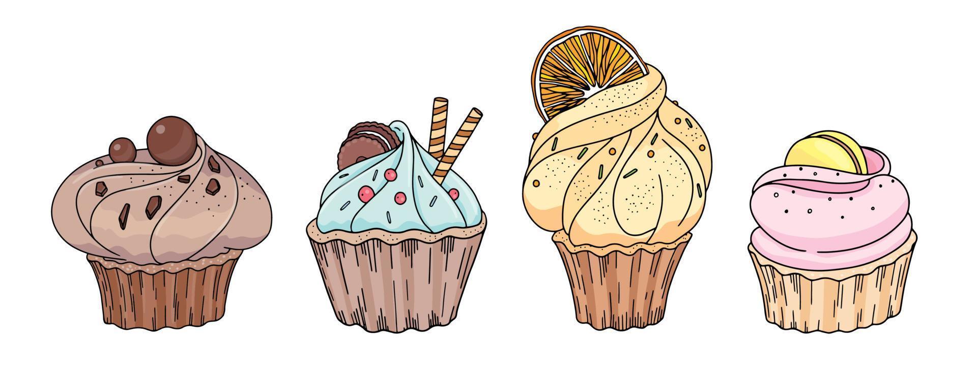 impostato di colorato cupcakes con diverso condimenti isolato su bianca sfondo. focaccina con arancia, biscotto, cioccolato, amaretti vettore