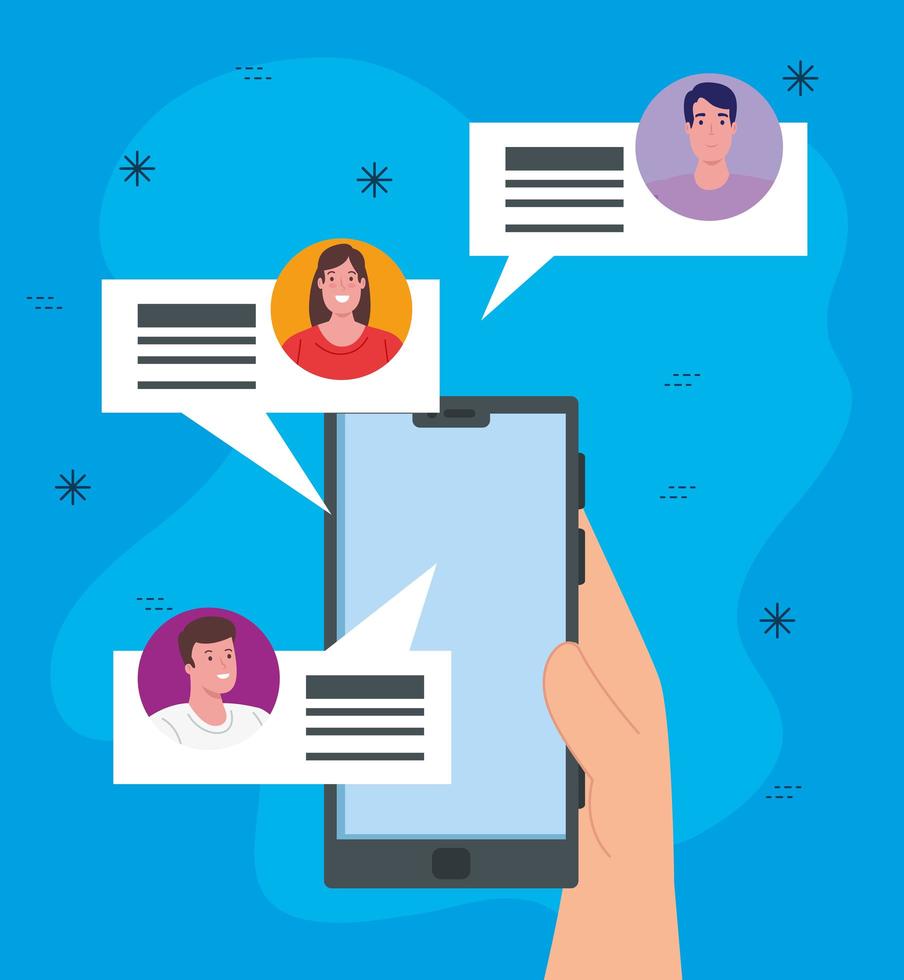 social media, smartphone con un gruppo di persone in chat vettore