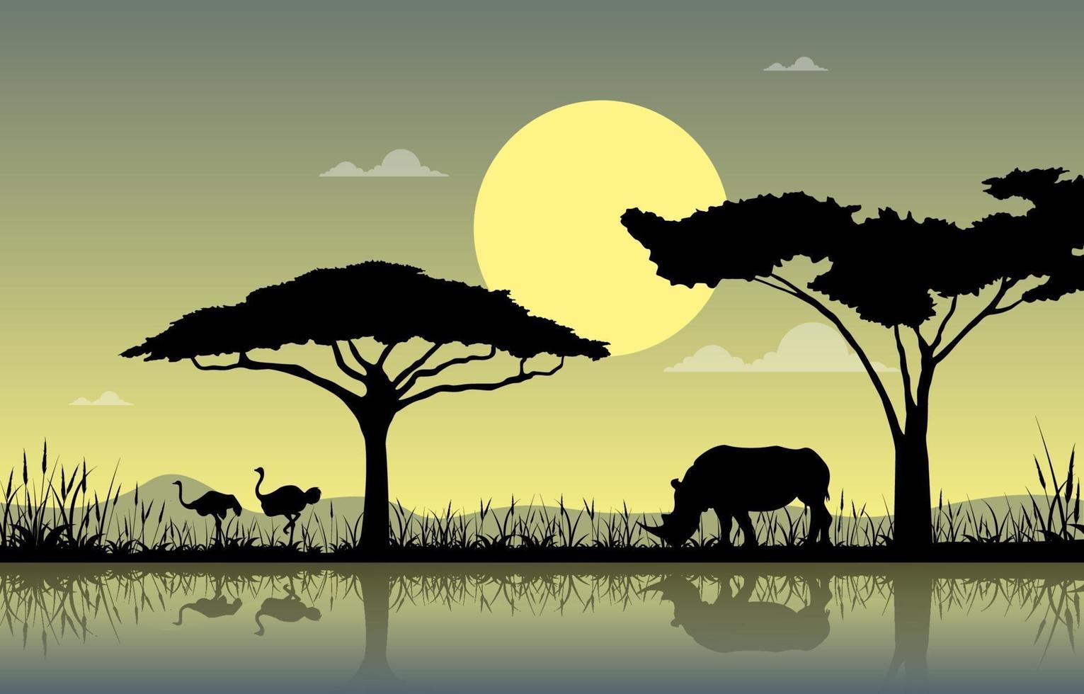 struzzi e rinoceronti all'oasi nell'illustrazione del paesaggio della savana africana vettore