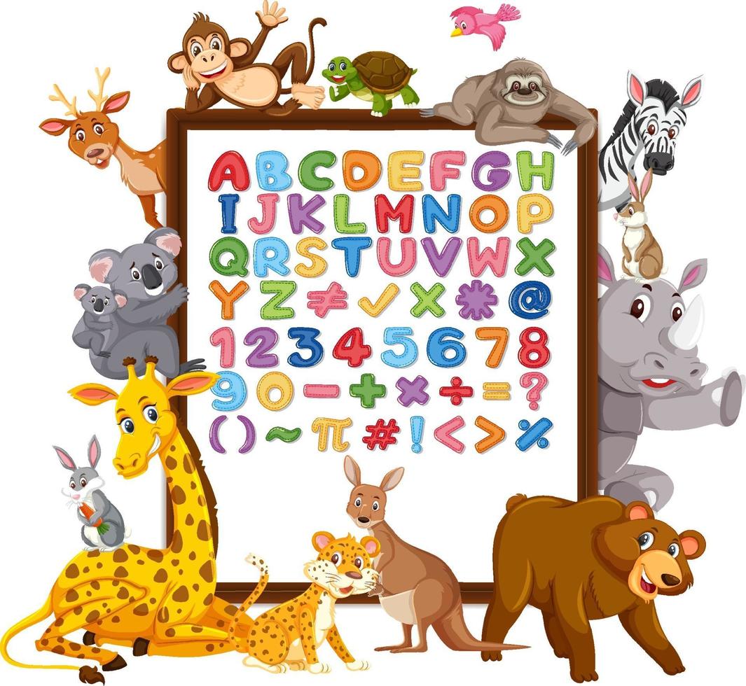 alfabeto az e simboli matematici su una tavola con animali selvatici vettore