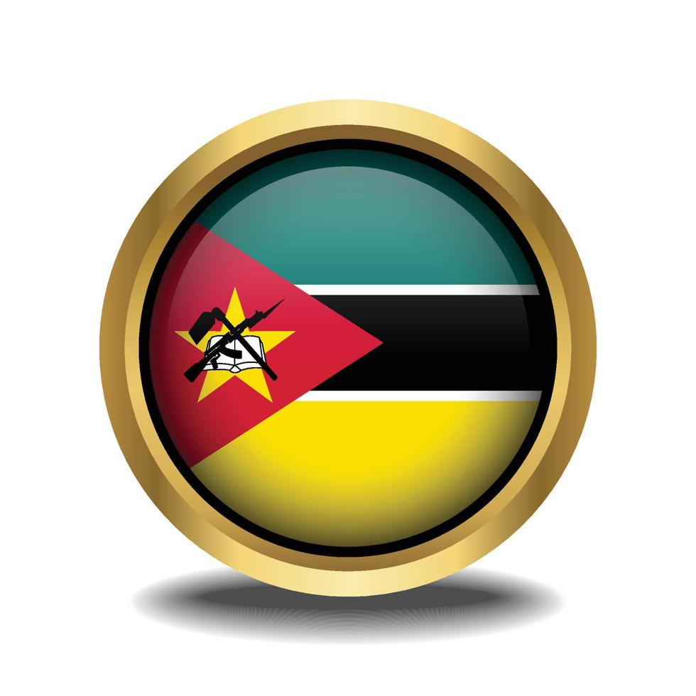 mozambico bandiera cerchio forma pulsante bicchiere nel telaio d'oro vettore