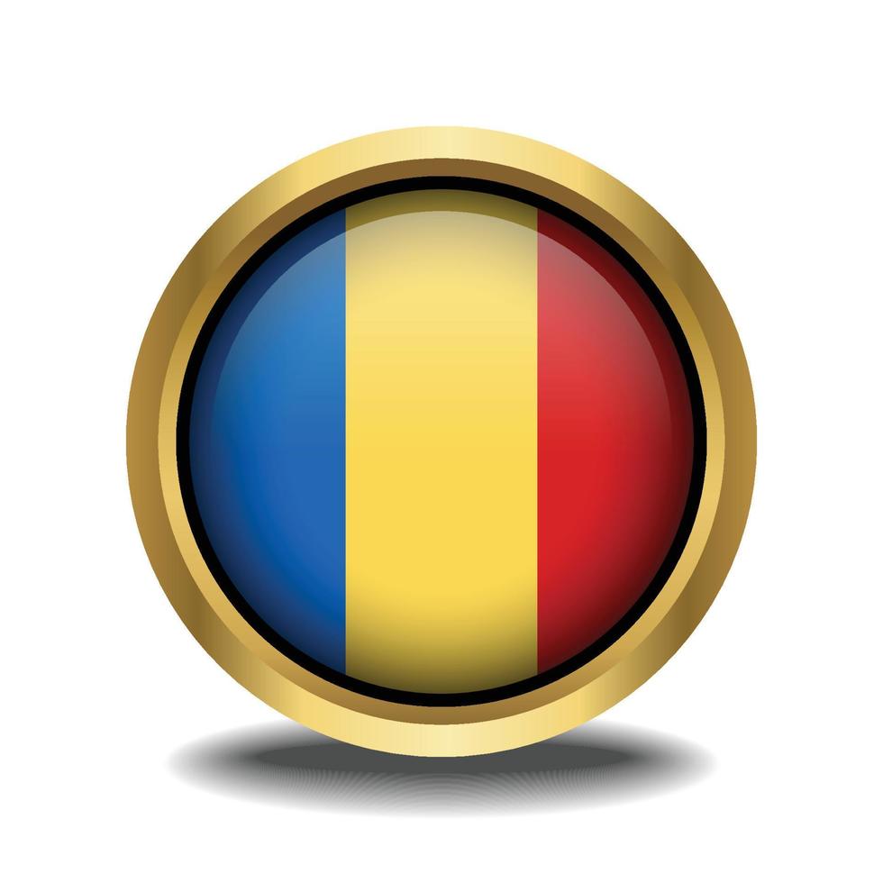 Romania bandiera cerchio forma pulsante bicchiere nel telaio d'oro vettore