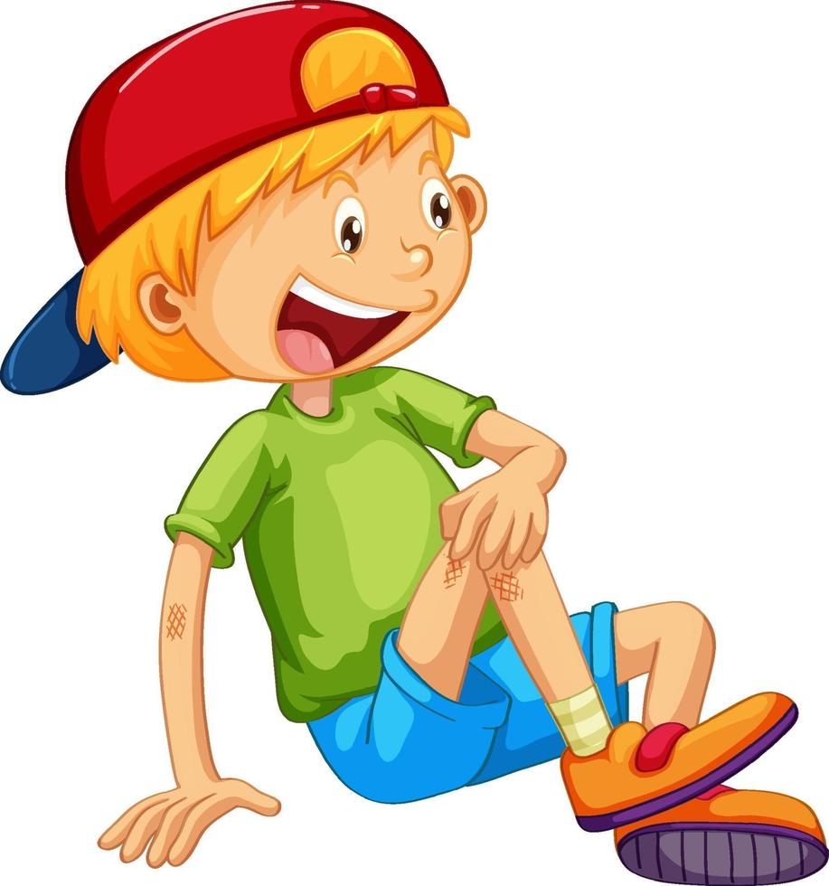 un ragazzo felice seduto personaggio dei cartoni animati su sfondo bianco vettore