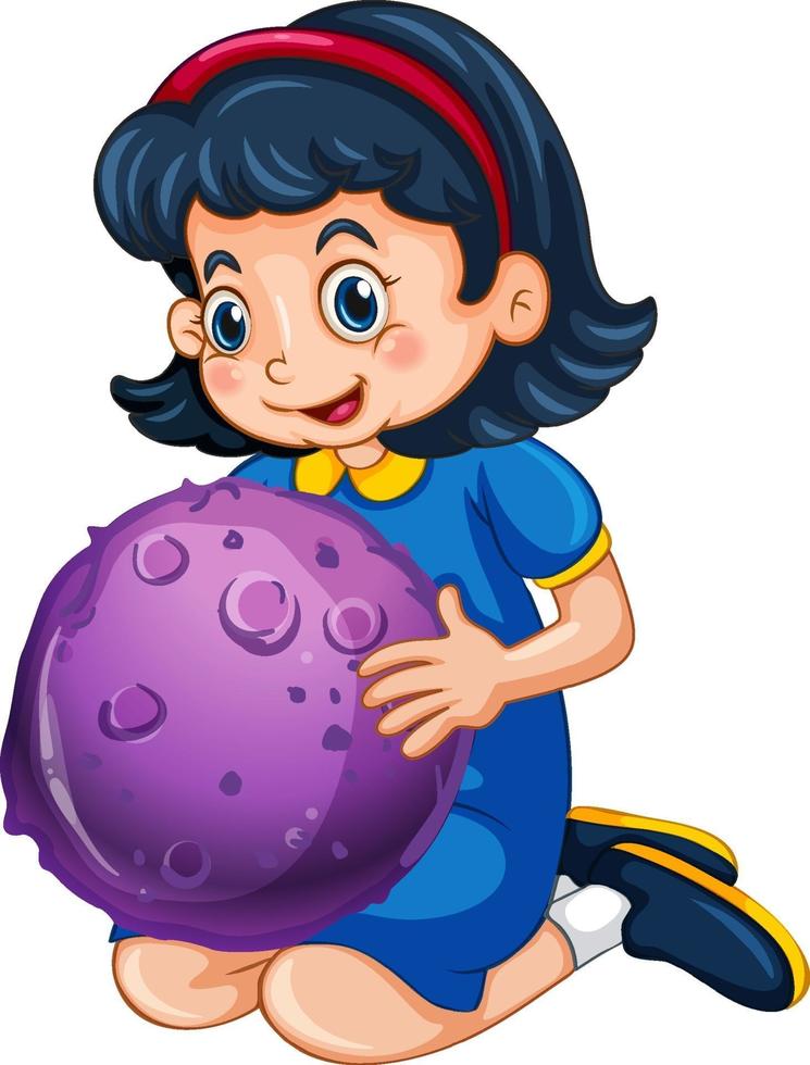 personaggio dei cartoni animati di ragazza felice che tiene un modello di pianeta vettore