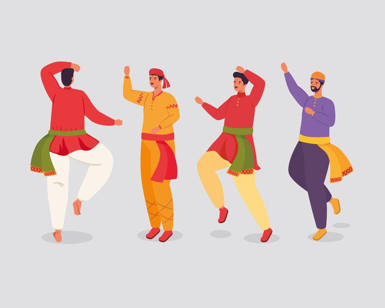 gruppo di uomini indiani con abiti tradizionali danzanti vettore